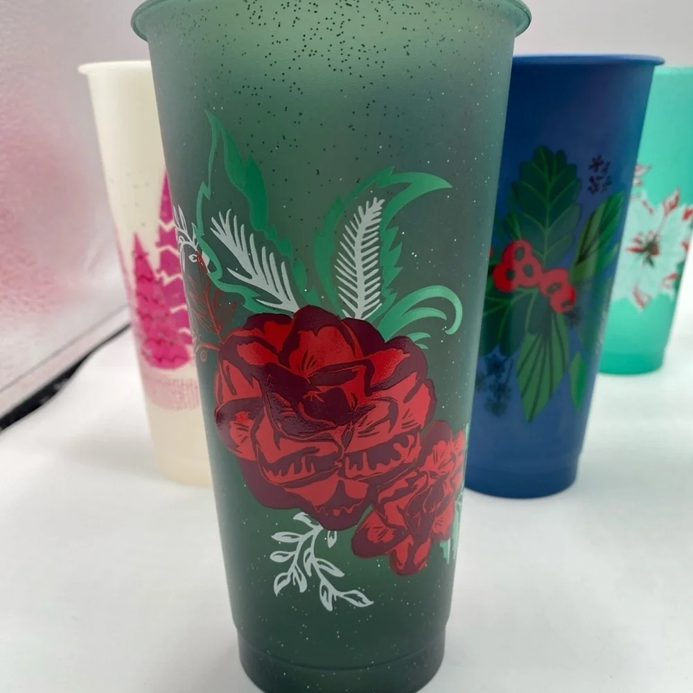 Starbucks Glitter Cold Cups Carnation Floral Print Holiday Christmas Plastic 10